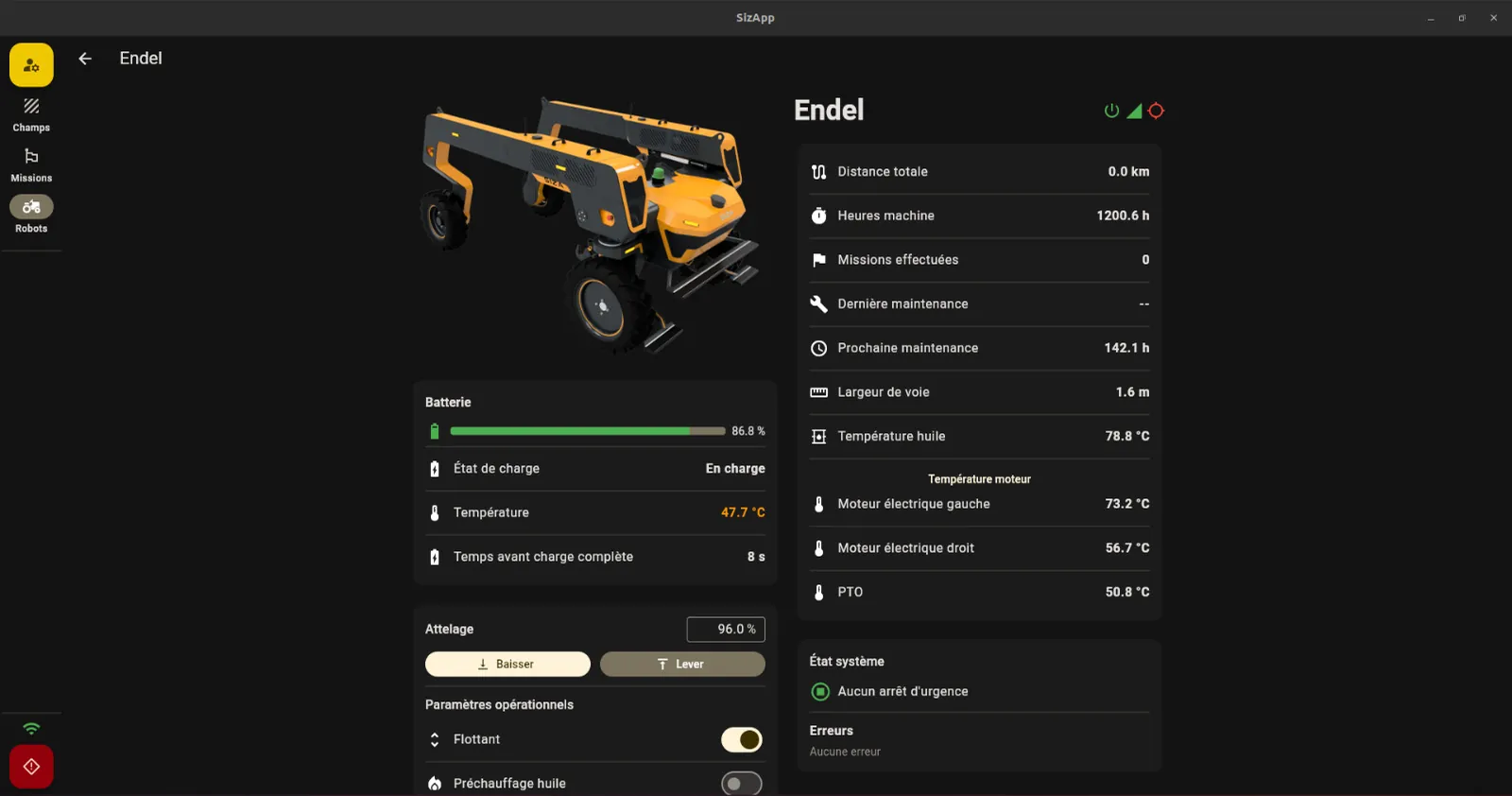 SIZ'App : fiche du robot avec batterie, heures machine, températures, attelage et état système